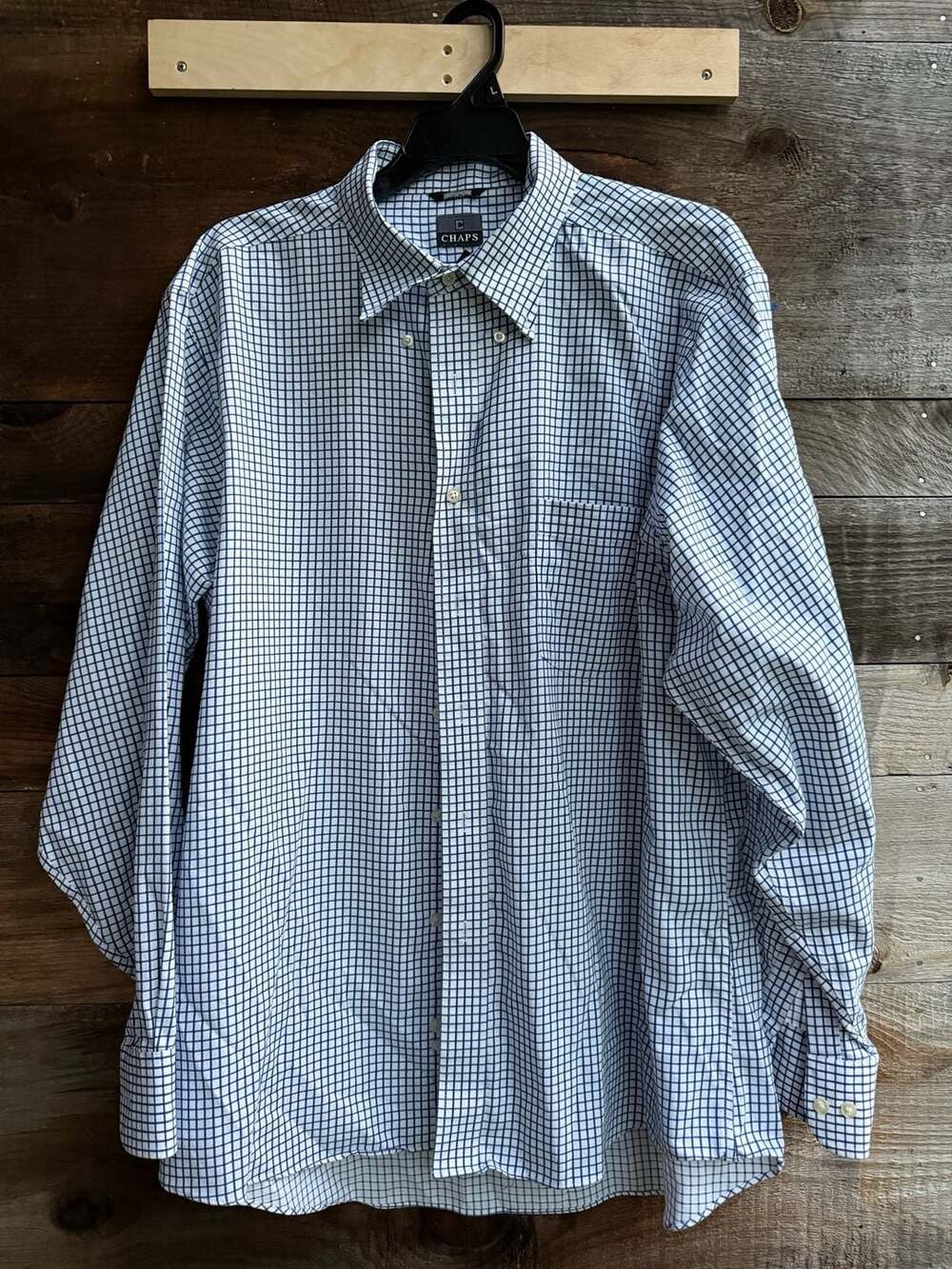 Chaps Men's Long Sleeve Button Down Shirt Blue White Check Plaid Classic Fit